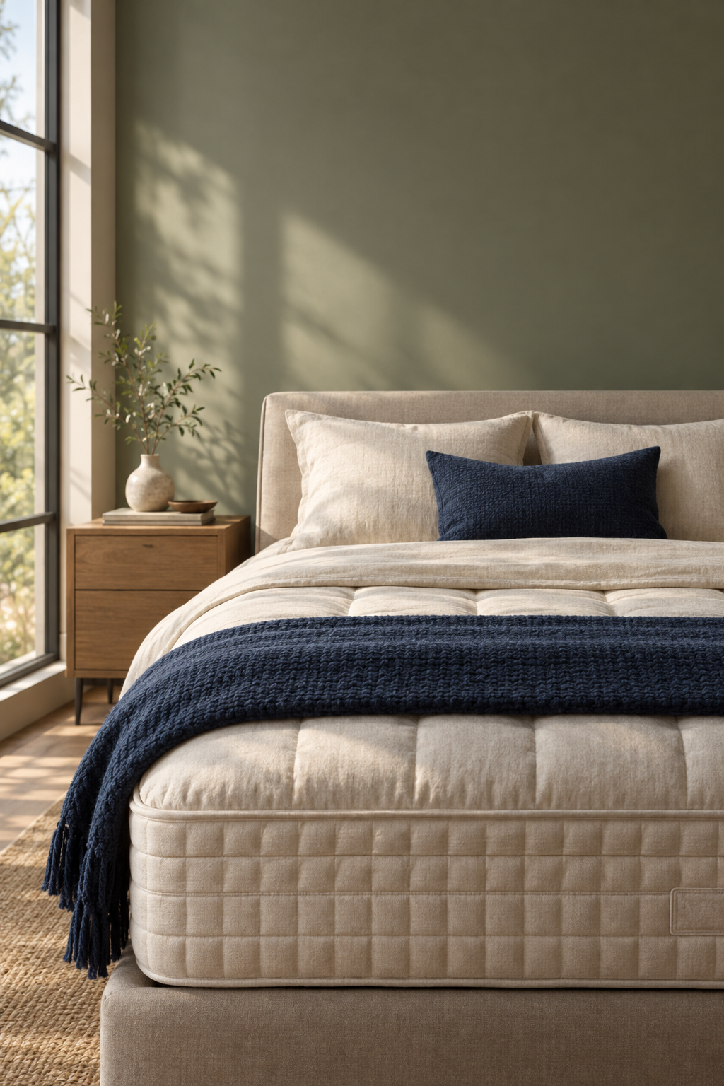 An elevated bedroom featuring a premium quilted mattress dressed in cream linens and a navy throw